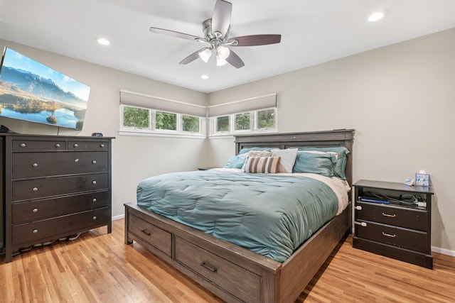 422 Old Bridge Rd, Northport, NY 11768 - bedroom featuring light wood finished floors, baseboards, a ceiling fan, and recessed lighting