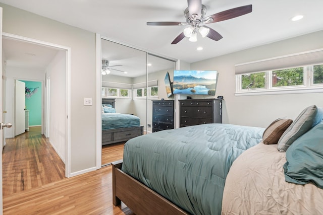 422 Old Bridge Rd, Northport, NY 11768 - bedroom featuring light wood-style floors, a closet, ceiling fan, baseboards, and recessed lighting