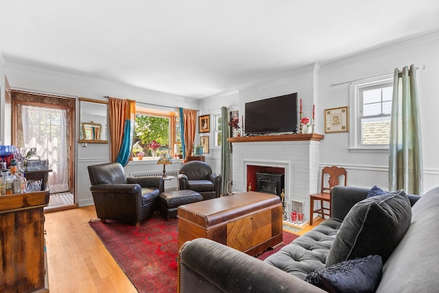 37 Centre St, Bronx, NY 10464 - living area featuring a brick fireplace, ornamental molding, wood finished floors, and radiator heating unit