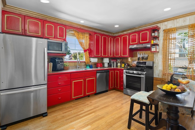 37 Centre St, Bronx, NY 10464 - kitchen featuring appliances with stainless steel finishes, under cabinet range hood, a sink, red cabinets, and light wood-type flooring