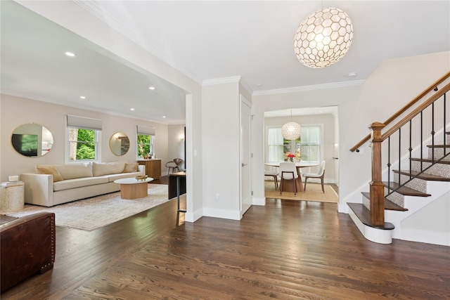 79 Oakside Rd, Smithtown, NY 11787 - foyer with stairway, wood finished floors, ornamental molding, and recessed lighting