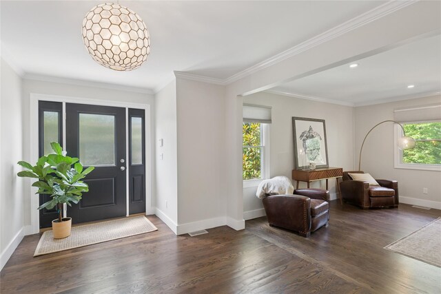 79 Oakside Rd, Smithtown, NY 11787 - foyer featuring dark wood-style floors, ornamental molding, and recessed lighting