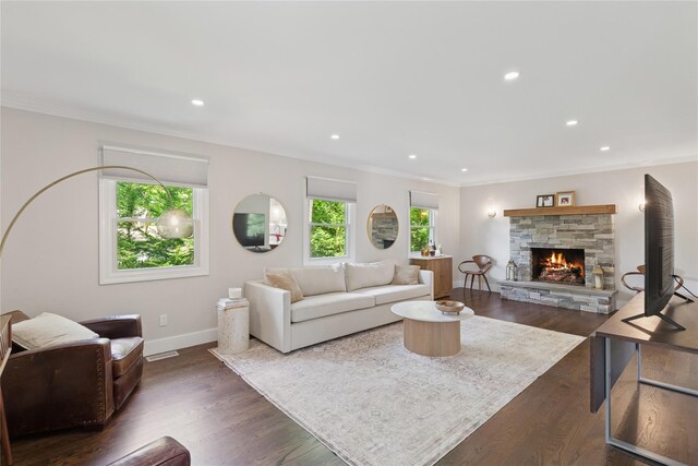79 Oakside Rd, Smithtown, NY 11787 - living room featuring a stone fireplace, ornamental molding, recessed lighting, and dark wood-style flooring