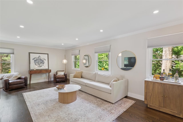 79 Oakside Rd, Smithtown, NY 11787 - living room featuring ornamental molding, plenty of natural light, recessed lighting, and dark wood finished floors