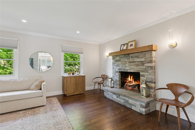 79 Oakside Rd, Smithtown, NY 11787 - living area with wood finished floors, a stone fireplace, crown molding, and recessed lighting