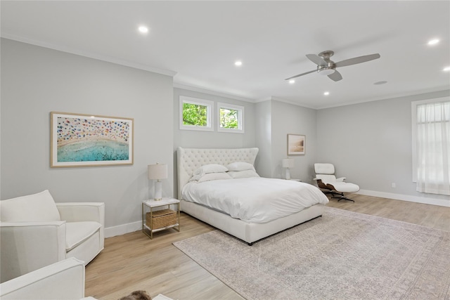 79 Oakside Rd, Smithtown, NY 11787 - bedroom featuring ornamental molding, light wood-style floors, recessed lighting, and a ceiling fan