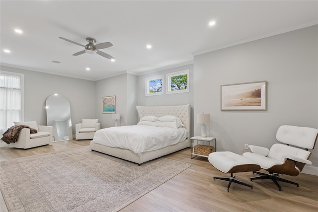79 Oakside Rd, Smithtown, NY 11787 - bedroom with ornamental molding, light wood-style floors, recessed lighting, and a ceiling fan