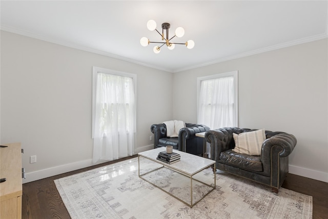 79 Oakside Rd, Smithtown, NY 11787 - living room featuring a chandelier, ornamental molding, healthy amount of natural light, and wood finished floors