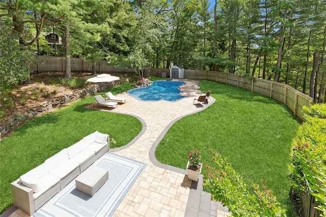 79 Oakside Rd, Smithtown, NY 11787 - fenced backyard with a patio, a storage shed, and view of scattered trees