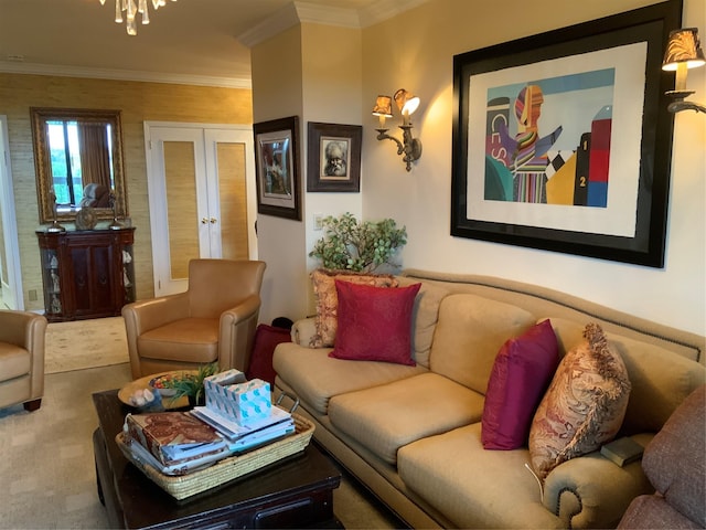 26910 Grand Central Pkwy Unit 8N, Floral Park, NY 11005 - living area with french doors, a chandelier, and ornamental molding