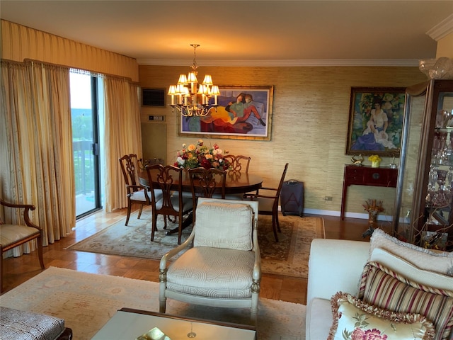 26910 Grand Central Pkwy Unit 8N, Floral Park, NY 11005 - dining area featuring a chandelier, baseboards, crown molding, and wood finished floors