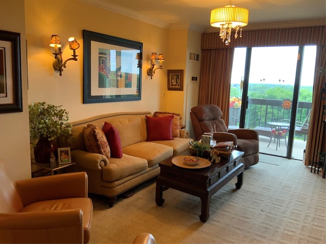 26910 Grand Central Pkwy Unit 8N, Floral Park, NY 11005 - living room with a chandelier, ornamental molding, and carpet