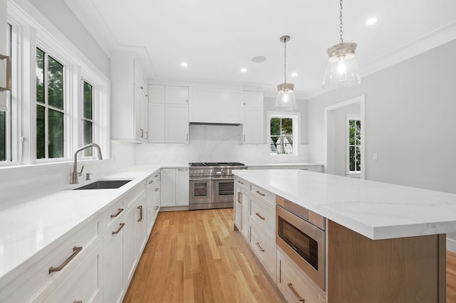 2 Lavender Ln, Rye, NY 10580 - kitchen featuring appliances with stainless steel finishes, a sink, a kitchen island, tasteful backsplash, and light wood-style flooring