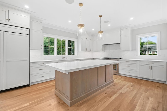 2 Lavender Ln, Rye, NY 10580 - kitchen featuring ornamental molding, light countertops, a sink, decorative backsplash, and light wood-style flooring