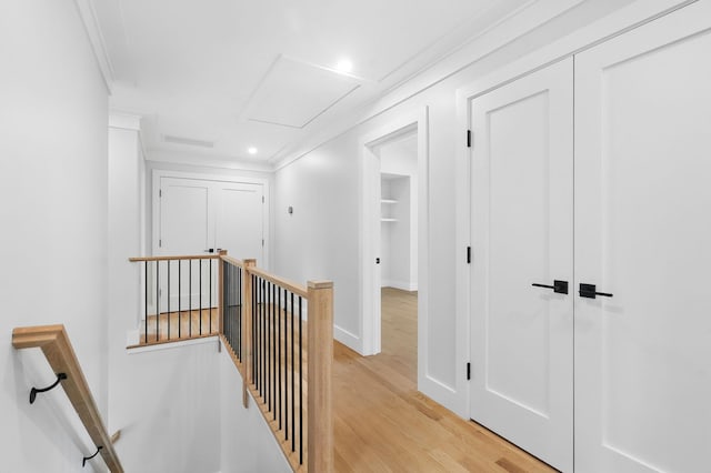 2 Lavender Ln, Rye, NY 10580 - corridor featuring an upstairs landing, crown molding, light wood-style floors, attic access, and recessed lighting