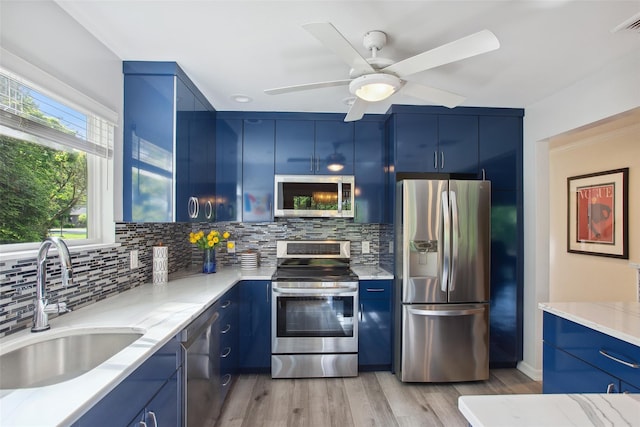 304 Heritage Hls Unit C, Somers, NY 10589 - kitchen with appliances with stainless steel finishes, a sink, blue cabinetry, and decorative backsplash
