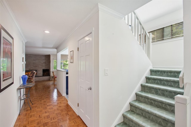 304 Heritage Hls Unit C, Somers, NY 10589 - staircase with baseboards, recessed lighting, a large fireplace, and ornamental molding