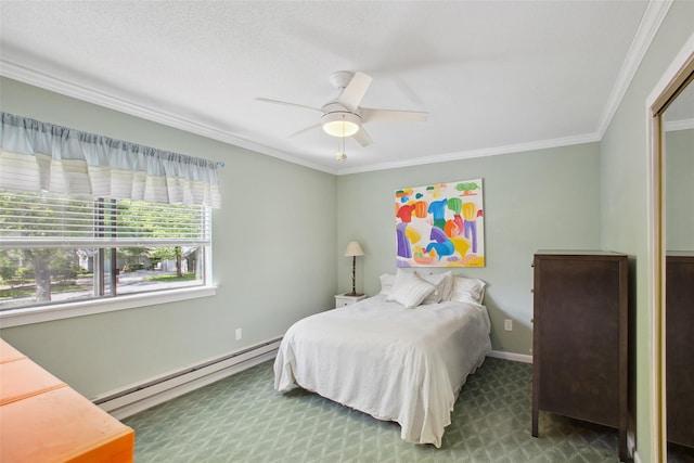 304 Heritage Hls Unit C, Somers, NY 10589 - carpeted bedroom with a baseboard radiator, ornamental molding, baseboards, and ceiling fan
