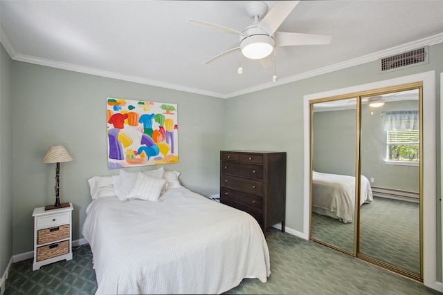 304 Heritage Hls Unit C, Somers, NY 10589 - bedroom with carpet flooring, baseboard heating, a closet, ornamental molding, and baseboards