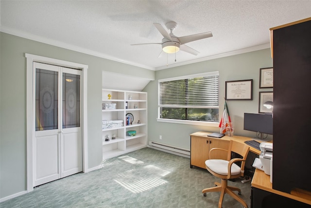 304 Heritage Hls Unit C, Somers, NY 10589 - home office featuring a baseboard radiator, carpet, ornamental molding, a ceiling fan, and a textured ceiling