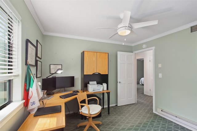 304 Heritage Hls Unit C, Somers, NY 10589 - carpeted office space featuring a baseboard heating unit, plenty of natural light, ceiling fan, ornamental molding, and baseboards