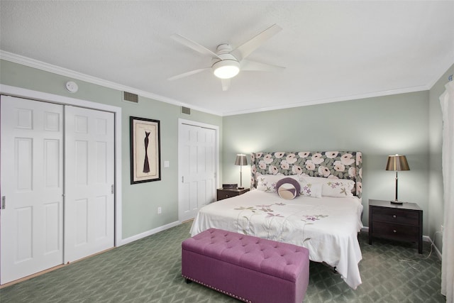 304 Heritage Hls Unit C, Somers, NY 10589 - carpeted bedroom with crown molding, multiple closets, baseboards, and ceiling fan