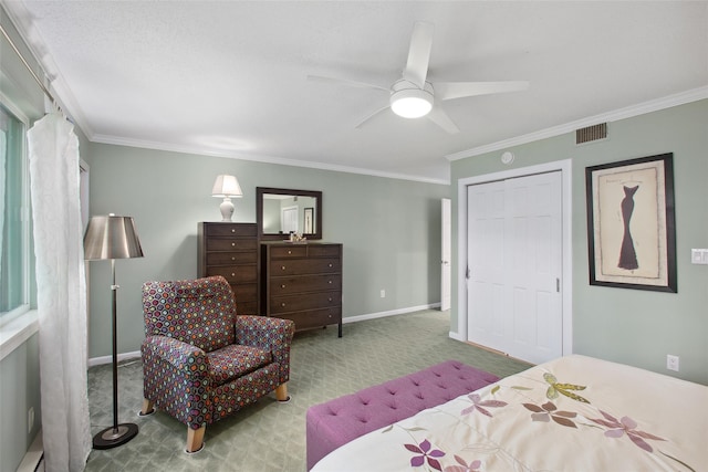 304 Heritage Hls Unit C, Somers, NY 10589 - bedroom featuring carpet floors, ornamental molding, baseboards, baseboard heating, and a ceiling fan
