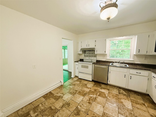 336 Baldwin Place Rd, Mahopac, NY 10541 - kitchen featuring white range with electric stovetop, dishwasher, stone tile floors, dark countertops, and decorative backsplash