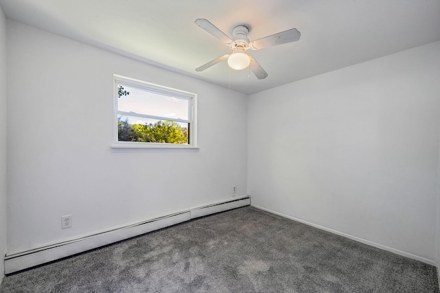 218 Beaver Dr, Mastic Beach, NY 11951 - empty room featuring a baseboard heating unit, carpet, a ceiling fan, and baseboards