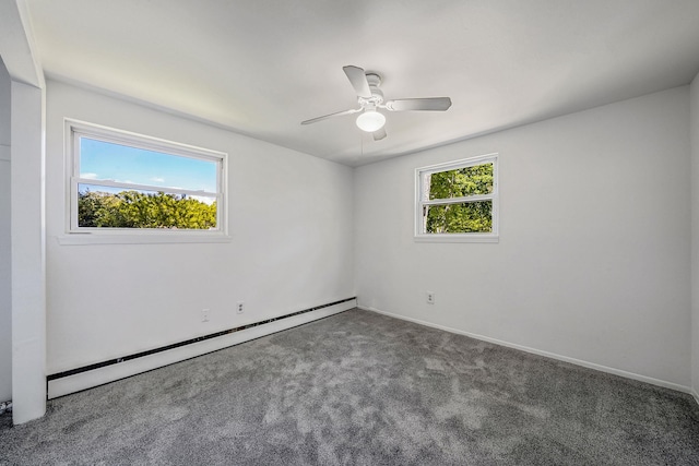 218 Beaver Dr, Mastic Beach, NY 11951 - unfurnished room featuring a baseboard heating unit, carpet floors, a ceiling fan, and baseboards