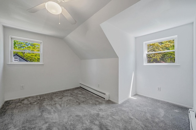 218 Beaver Dr, Mastic Beach, NY 11951 - additional living space with baseboard heating, carpet flooring, baseboards, vaulted ceiling, and ceiling fan