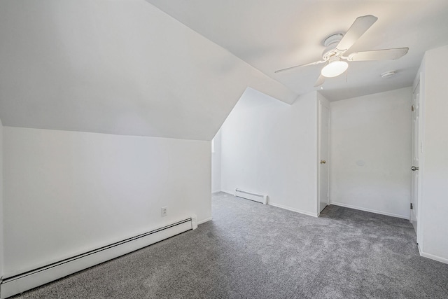 218 Beaver Dr, Mastic Beach, NY 11951 - bonus room featuring baseboard heating, carpet, lofted ceiling, baseboards, and ceiling fan