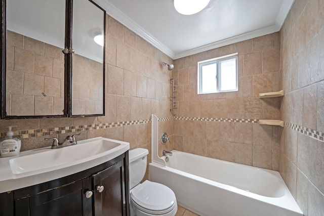 218 Beaver Dr, Mastic Beach, NY 11951 - bathroom with crown molding, toilet, tile walls, shower / bath combination, and vanity
