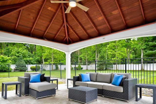 2 Maize Ct, Melville, NY 11747 - view of patio / terrace featuring an outdoor hangout area, a ceiling fan, and a gazebo