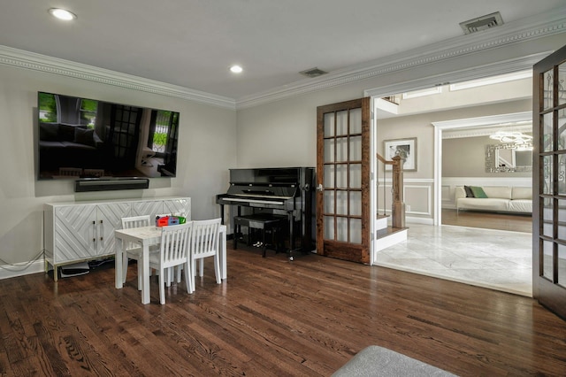 2 Maize Ct, Melville, NY 11747 - dining space with ornamental molding, wood finished floors, recessed lighting, and a chandelier