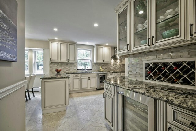 2 Maize Ct, Melville, NY 11747 - kitchen with wine cooler, cream cabinetry, and recessed lighting