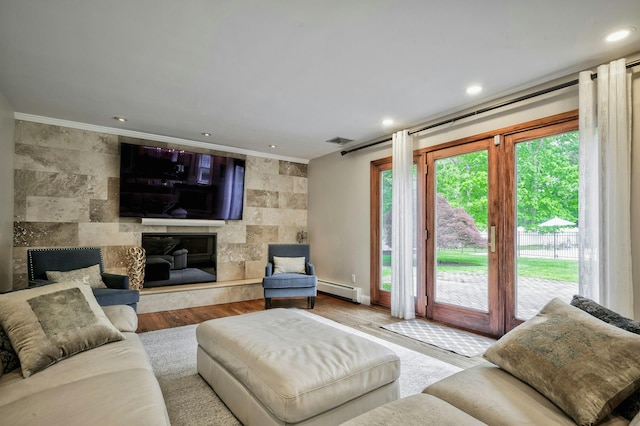 2 Maize Ct, Melville, NY 11747 - living area featuring a baseboard radiator, a high end fireplace, ornamental molding, wood finished floors, and recessed lighting