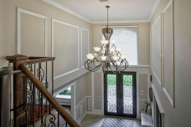 2 Maize Ct, Melville, NY 11747 - foyer with a chandelier, a decorative wall, french doors, healthy amount of natural light, and stairway