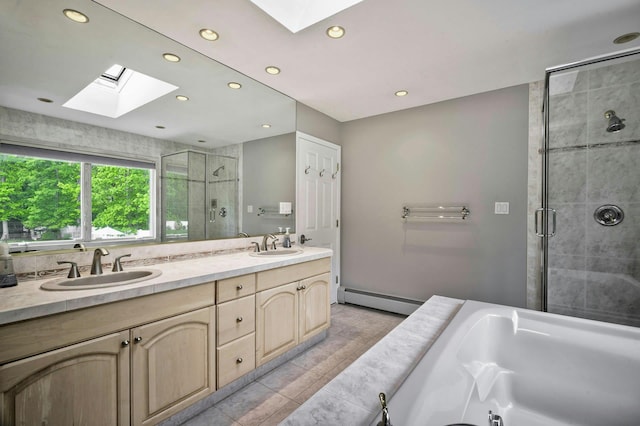 2 Maize Ct, Melville, NY 11747 - full bathroom with a skylight, a baseboard radiator, a stall shower, recessed lighting, and a garden tub