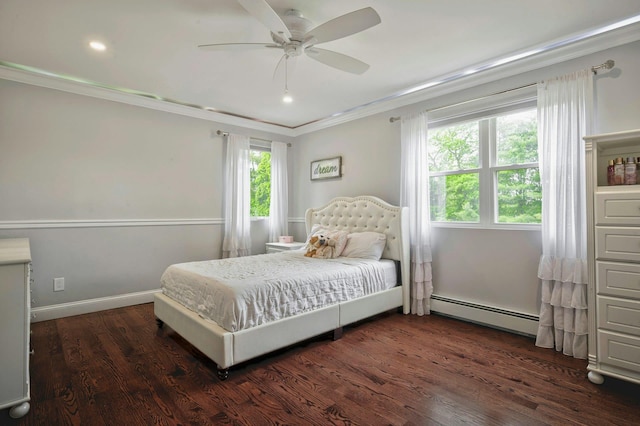 2 Maize Ct, Melville, NY 11747 - bedroom with baseboard heating, ornamental molding, wood finished floors, baseboards, and a ceiling fan