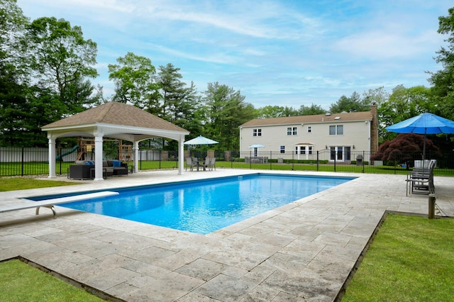 2 Maize Ct, Melville, NY 11747 - view of swimming pool featuring a gazebo, an outdoor living space, a patio area, and a diving board
