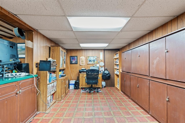 1A Ward St, Suffern, NY 10901 - office area featuring a paneled ceiling, wood walls, and light flooring