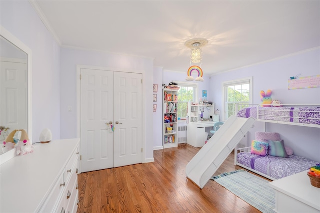 11 Spruce St, Garden City, NY 11530 - bedroom featuring light wood-style floors, crown molding, and a closet