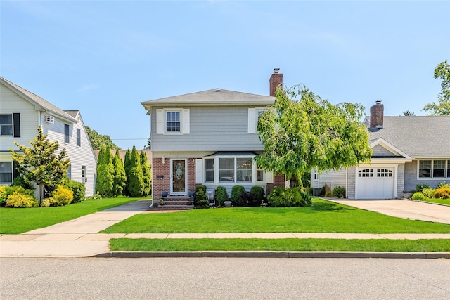 11 Spruce St, Garden City, NY 11530 - colonial-style house with concrete driveway, an attached garage, brick siding, a front lawn, and a chimney