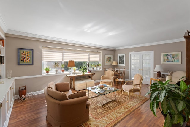 50 Popham Rd Unit 4E, Scarsdale, NY 10583 - living area with french doors, crown molding, wood finished floors, and baseboards