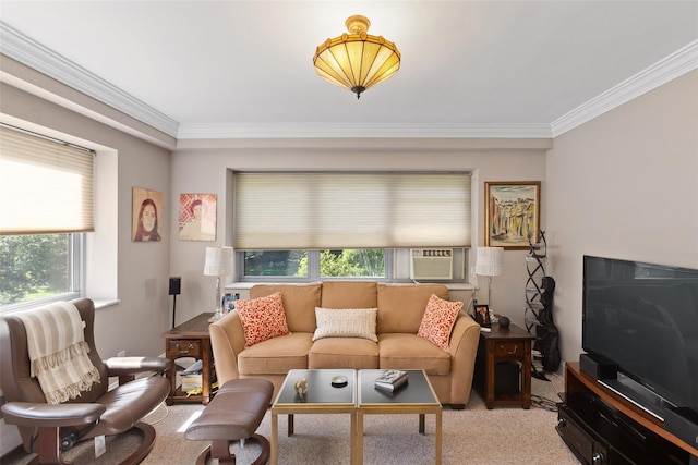 50 Popham Rd Unit 4E, Scarsdale, NY 10583 - carpeted living room featuring ornamental molding, plenty of natural light, and cooling unit