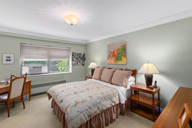 50 Popham Rd Unit 4E, Scarsdale, NY 10583 - bedroom with radiator heating unit, light colored carpet, crown molding, and cooling unit