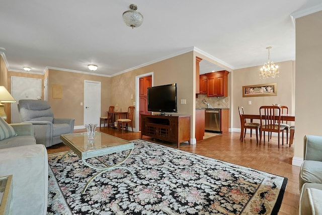 1270 N Ave Unit 3A, New Rochelle, NY 10804 - living room featuring a chandelier, baseboards, and crown molding