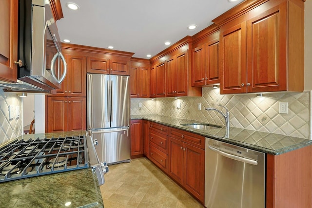 1270 N Ave Unit 3A, New Rochelle, NY 10804 - kitchen with appliances with stainless steel finishes, a sink, tasteful backsplash, dark stone countertops, and recessed lighting