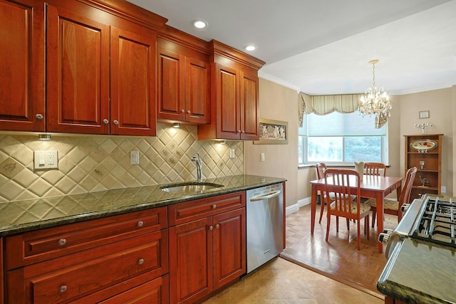 1270 N Ave Unit 3A, New Rochelle, NY 10804 - kitchen featuring dishwasher, baseboards, a sink, a chandelier, and ornamental molding